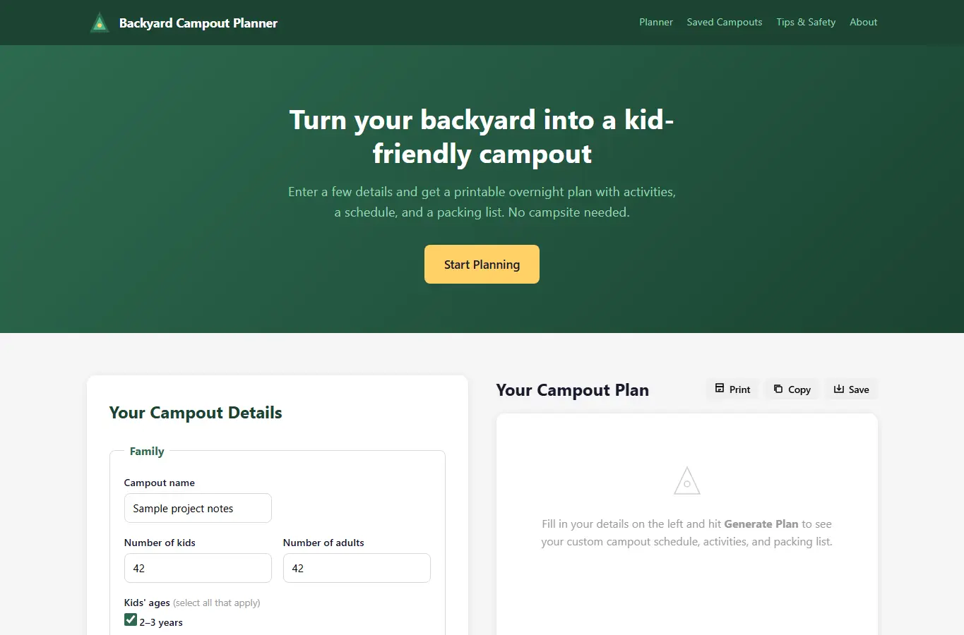 Screenshot of Backyard Campout Planner interface showing the project page in use